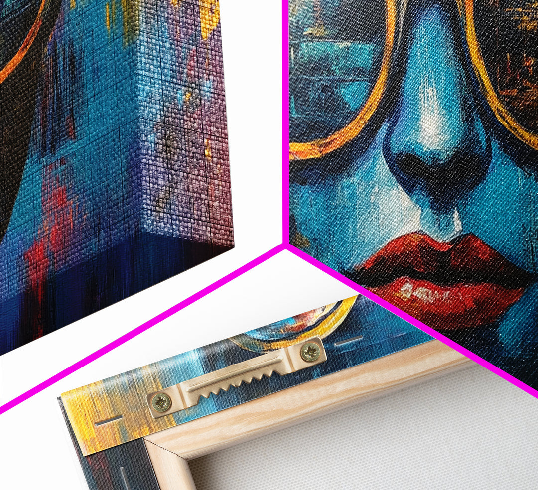 Bold Sunglasses Portrait, graffiti wall art, moody art, chicano art, abstract portrait, pop art decor, gift idea her, Canvas Print