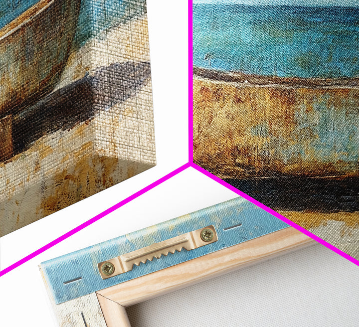 Rustic Boat, Framed Canvas Print, coastal wall art, nautical decor, rustic art, extra wide painting, panoramic painting