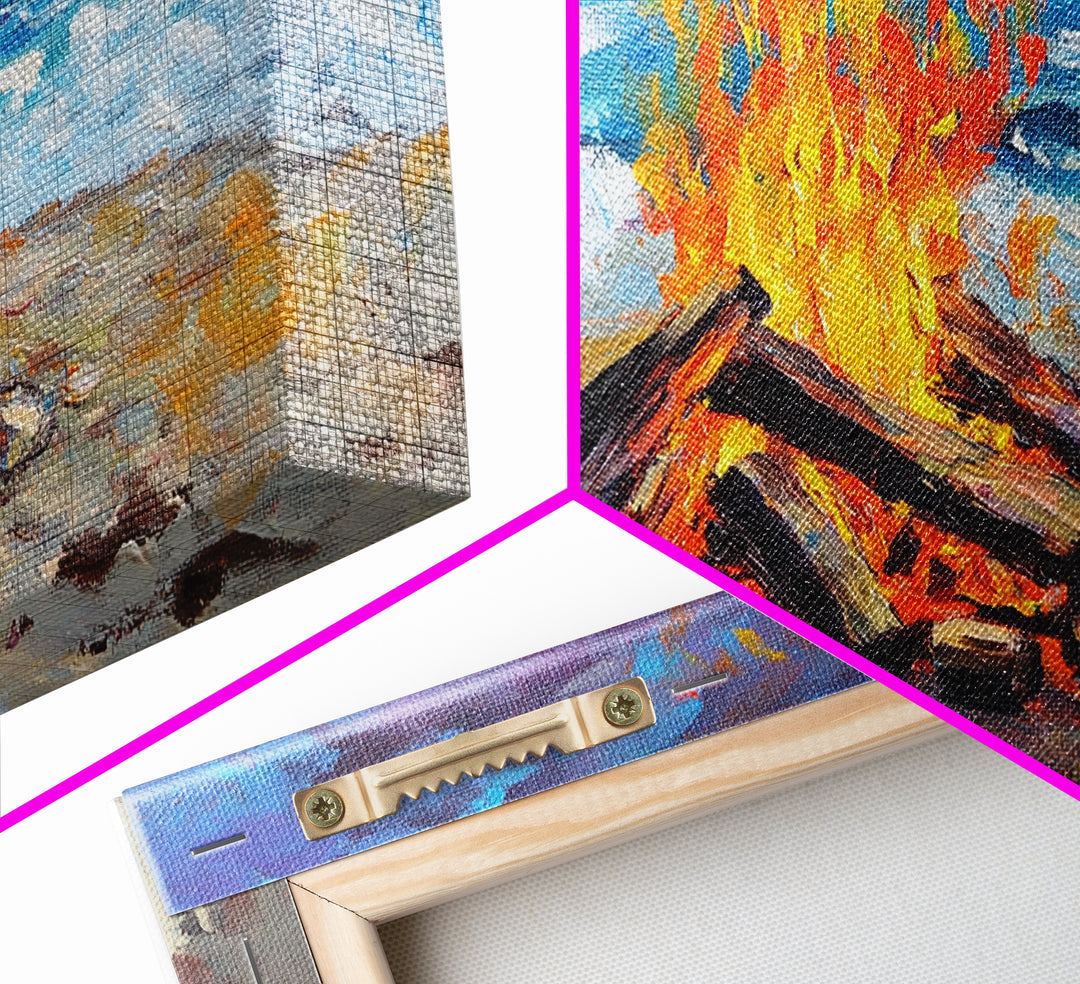 Beach bonfire, coastal decor, surf wall art, nautical painting, ocean fire, rustic wall art, horizontal wall art, canvas print, seascape