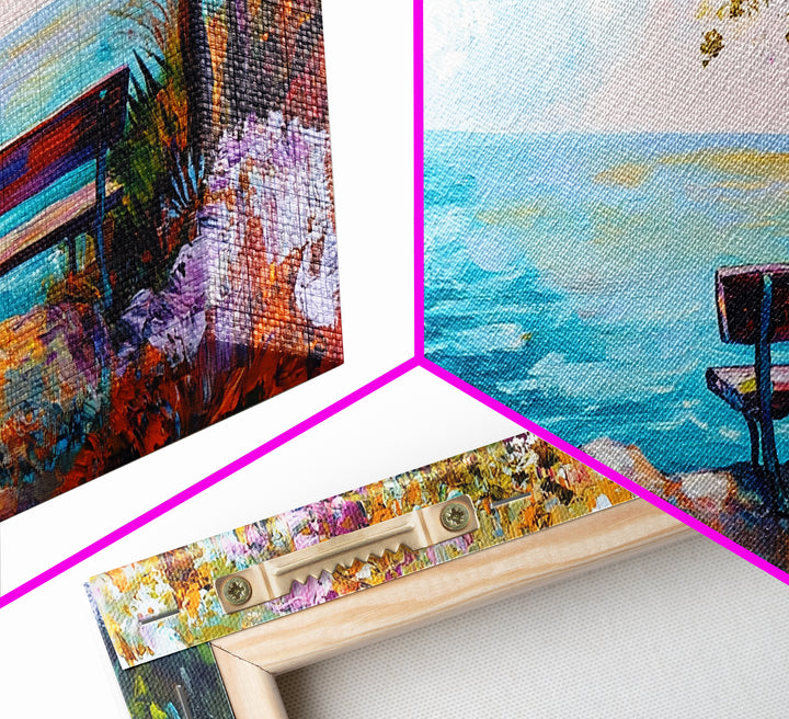 Bench, ocean view, autumn tree, Canvas Print, coastal landscape art, seascape painting, above bed wall art, extra wide art