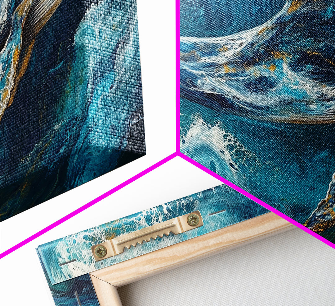 Blue whale, ocean waves, Canvas Print, whale painting, nautical decor, coastal wall art, seascape painting, extra wide art