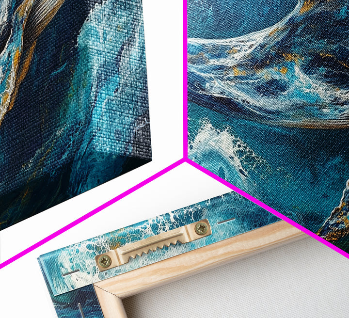 Blue whale, ocean waves, Canvas Print, whale painting, nautical decor, coastal wall art, seascape painting, extra wide art