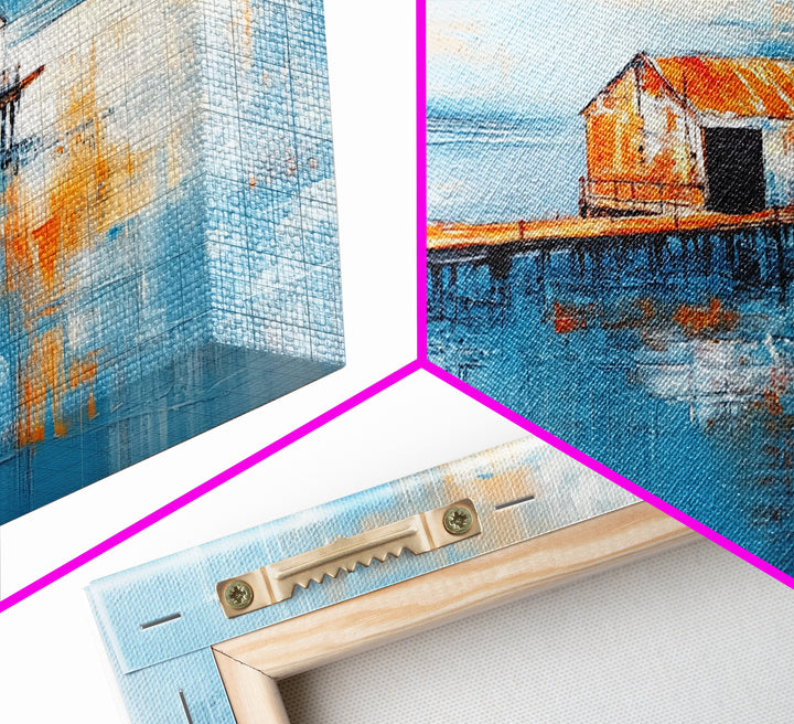 Dock, rustic barn, reflection, Canvas Print, barn landscape oil painting, coastal decor, nautical painting, panoramic art