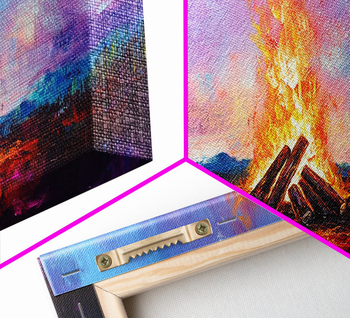 Campfire painting, rustic decor, boho art, mountain painting, cozy fire, scenic landscape, extra wide art, framed canvas print, warm glow