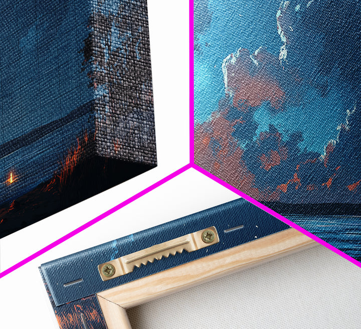 Campfire by lake, coastal decor, nautical wall art, scenic night, moody painting, extra wide art, panoramic art, canvas print, above sofa art