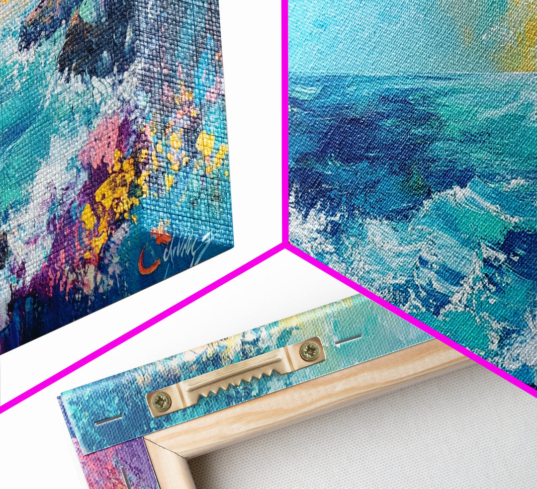 Coastal Cliff, vibrant ocean painting, surf wall art, Hawaii art, seascape painting, colorful beach art, Framed Canvas Print, extra wide art