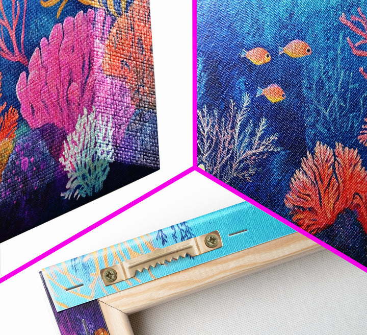 Coral Reef, ocean painting, whimsical art, koi fish painting, marine life art, vibrant wall art, coastal decor, Framed Canvas Print