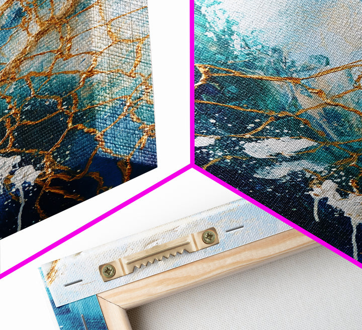 Abstract Ocean Painting, Coastal Wall Art, Blue and Gold Art, Nautical Decor, Contemporary Seascape, Canvas Print