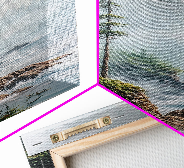 Coastal Cliff, ocean waves, pine tree art, landscape painting, coastal wall art, rustic decor, framed canvas print, nautical art