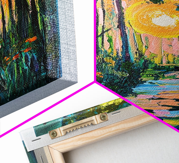 Forest Sunrise Path, wildflower painting, forest at dusk painting, wabi sabi wall art, whimsical art, Canvas Print