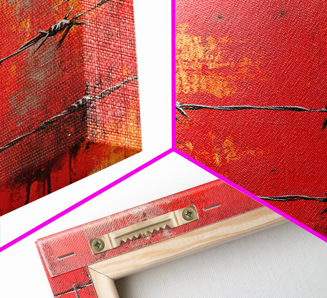 Barbed Wire, Chicano Art, Industrial Wall Art, Rustic Decor, Moody Art, Red Abstract Art, Framed Canvas Print, Gift Idea