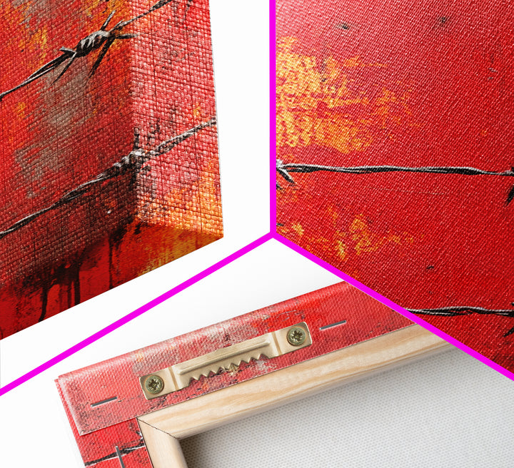 Barbed Wire, Chicano Art, Industrial Wall Art, Rustic Decor, Moody Art, Red Abstract Art, Framed Canvas Print, Gift Idea