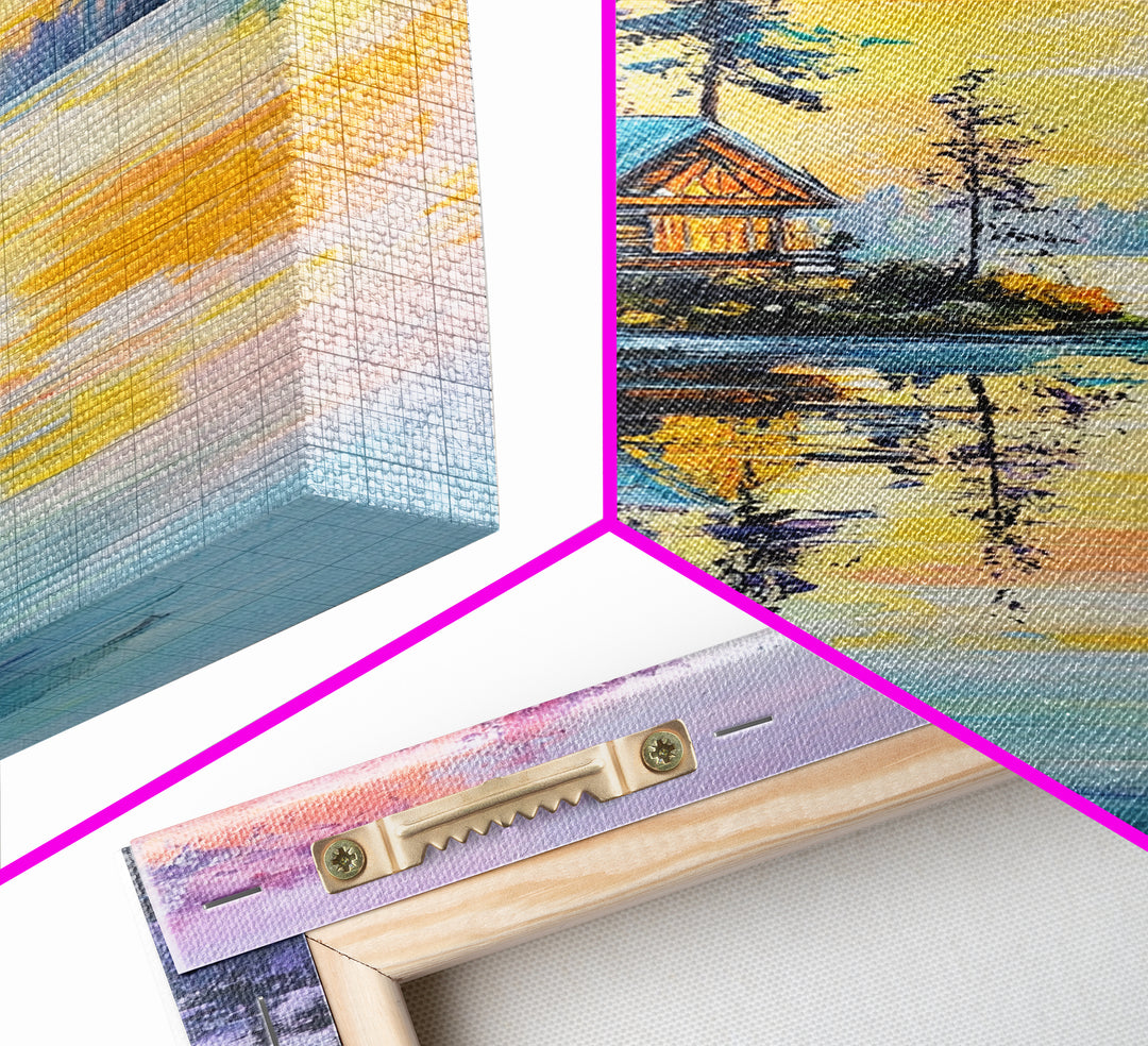 Cabin, Lake, Sunset, Framed Canvas Print, landscape painting, rustic wall art, above bed wall art, pine tree art, above sofa art