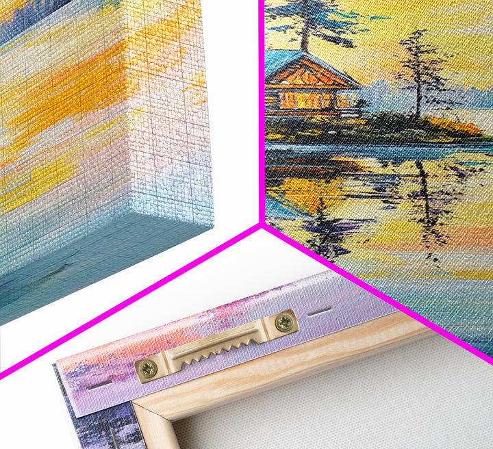 Cabin, Lake, Sunset, Framed Canvas Print, landscape painting, rustic wall art, above bed wall art, pine tree art, above sofa art