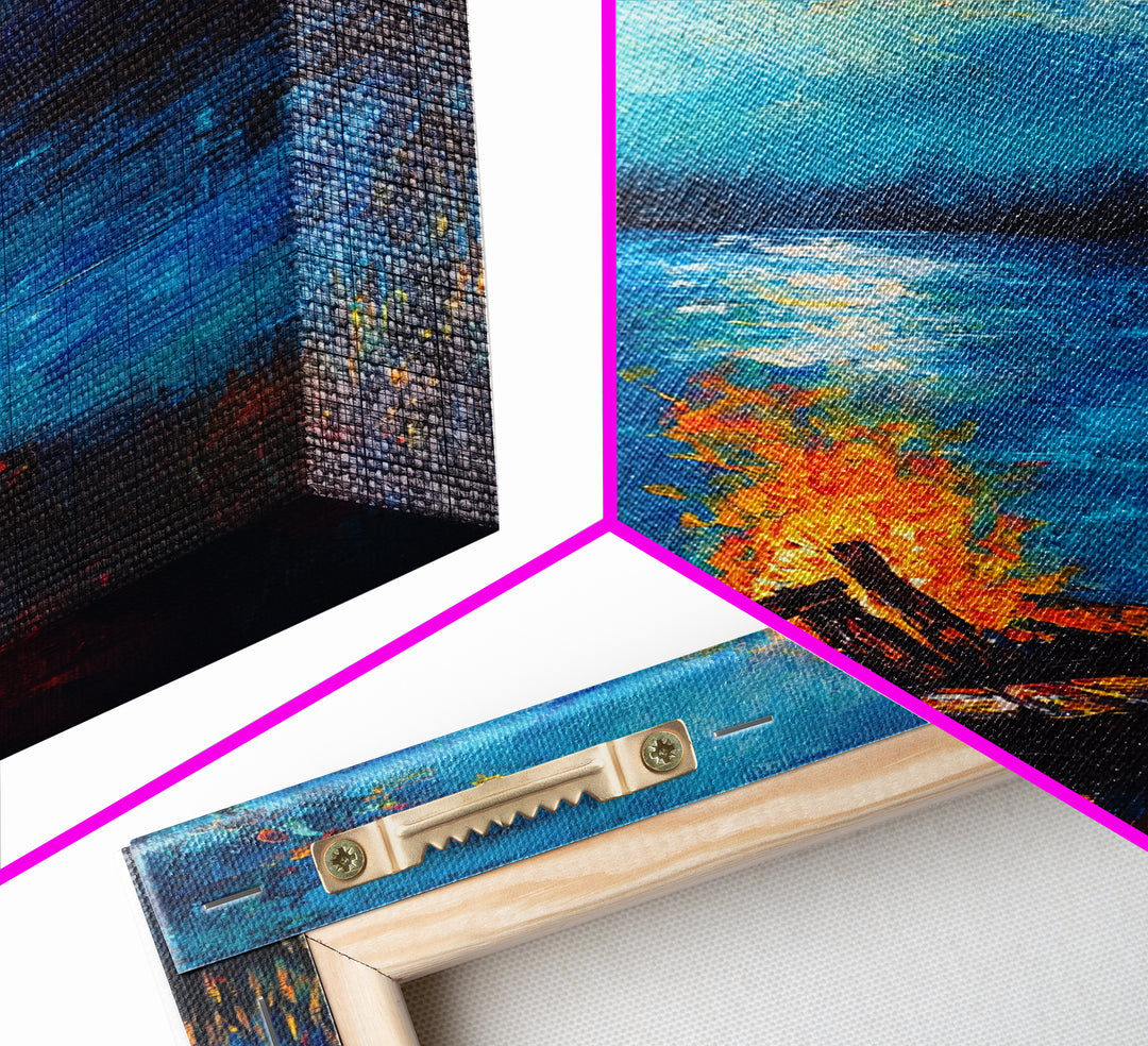 Campfire, Moonlight, Reflection, Framed Canvas Print, landscape painting, moody art, rustic wall art, blue and green wall art, bedroom art