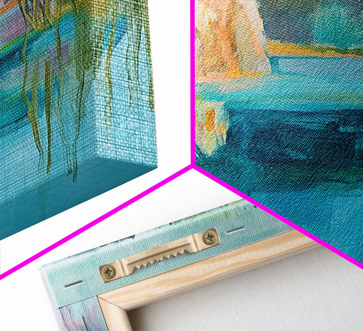 Abstract Landscape, blue and green wall art, horizon painting gray white, rustic art, gift idea for her, Framed Canvas Print