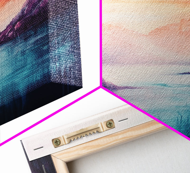 coastal decor, mountain painting, pink orange wall art, sunrise painting, landscape painting, Framed Canvas Print, abstract wall art