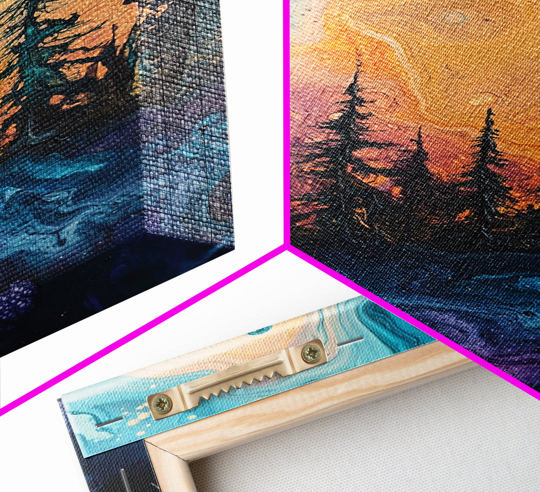 Cosmic Trees, forest at dusk painting, pine tree art, fantasy landscape, moody art, celestial wall art, mystical art, canvas print