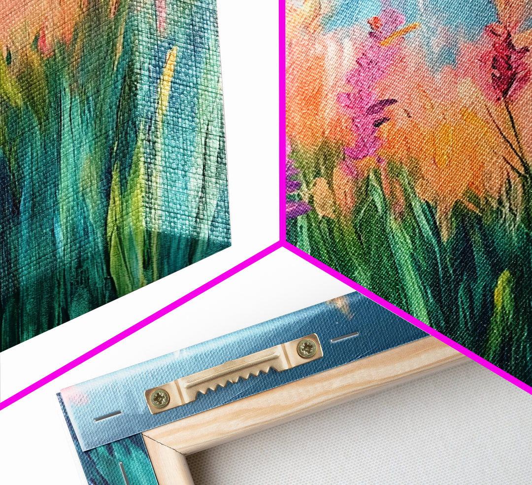 Wildflower Painting, poppy wall art, pink orange wall art, floral landscape, botanical prints, framed canvas print, rustic wall art