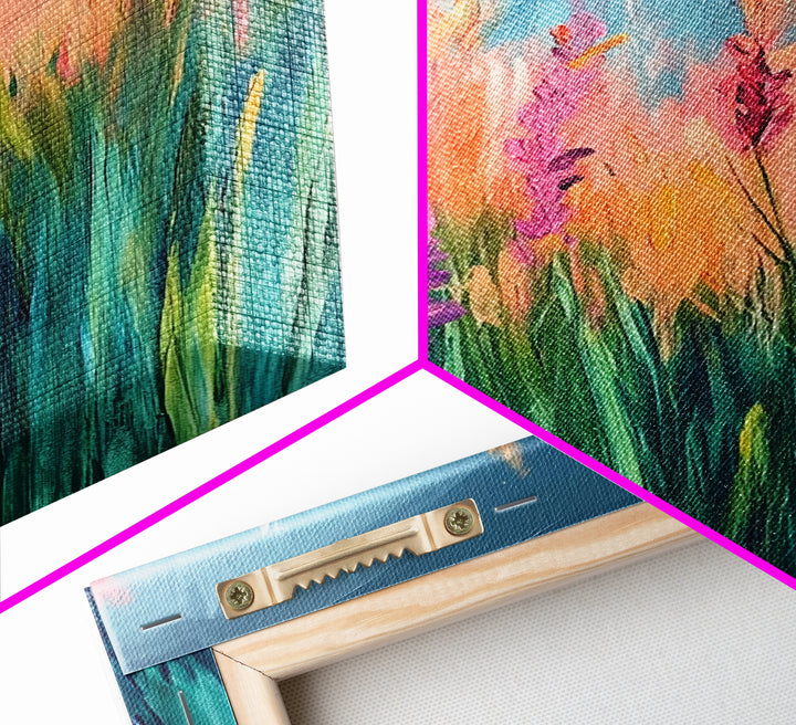Wildflower Painting, poppy wall art, pink orange wall art, floral landscape, botanical prints, framed canvas print, rustic wall art