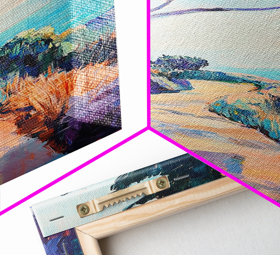 Ocean Cliff Path, coastal landscape art, pine tree art, rustic wall art, blue and green wall art, framed canvas, above bed wall art