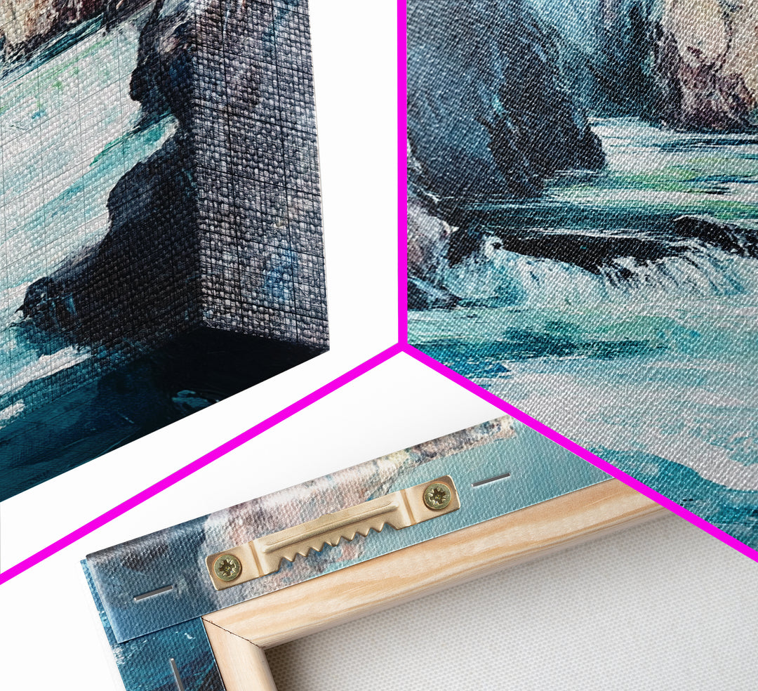 Rocky Waterfall, Moody Landscape, Canvas Print, Nature Painting, Rustic Decor, Adventure Art, Southwest Wall Art, Tall Narrow Art