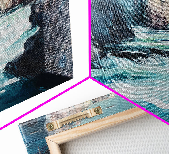 Rocky Waterfall, Moody Landscape, Canvas Print, Nature Painting, Rustic Decor, Adventure Art, Southwest Wall Art, Tall Narrow Art