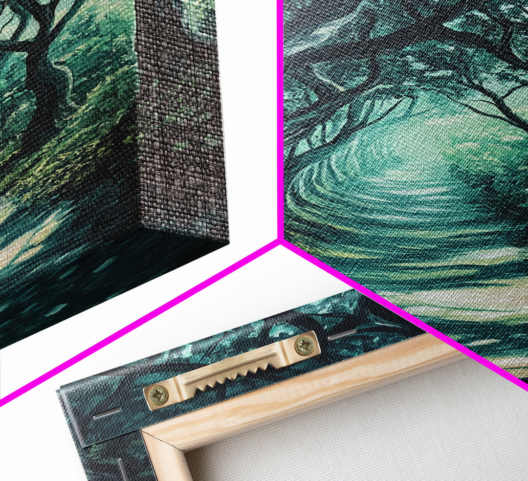 Mystical Tree Tunnel Framed Canvas Print Enchanted Forest Art, Fantasy Landscape, Dark Green Nature Decor, Living Room Wall Art