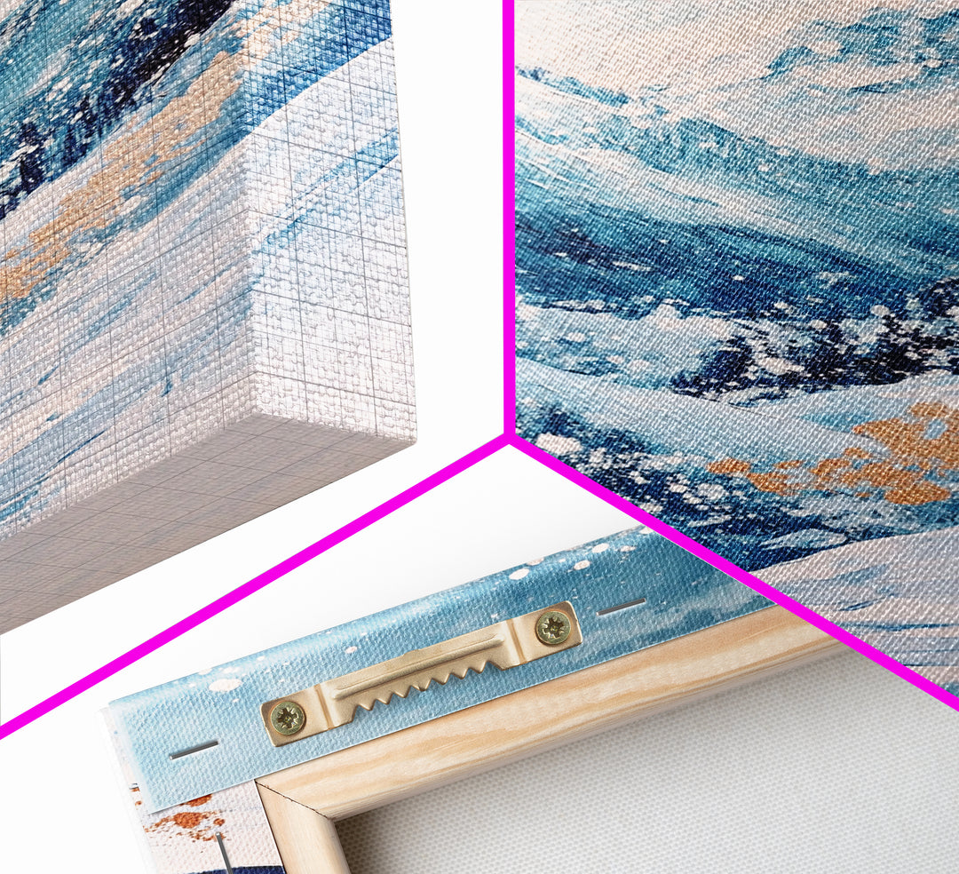 Blue Winter Wonderland Canvas Print Snowy Mountain Art, Nordic Landscape Painting, Ski Lodge Wall Decor, Christmas Holiday Artwork