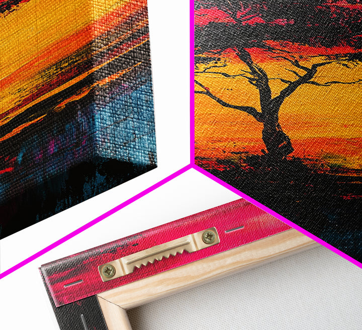 African Sunset Framed Canvas Print | Savanna Landscape Painting | Tree Silhouette Wall Art | Warm Sunset Decor | Rustic Home Art