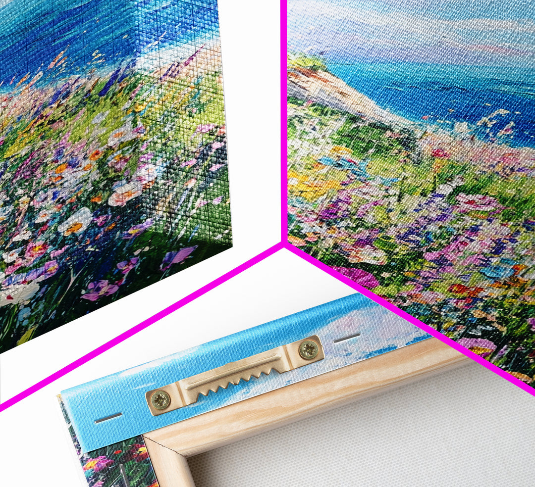Ocean Cliffside Flowers Framed Canvas Print Coastal Landscape Wall Art, Wildflower Meadow Painting, Beach House Art, Seaside Decor