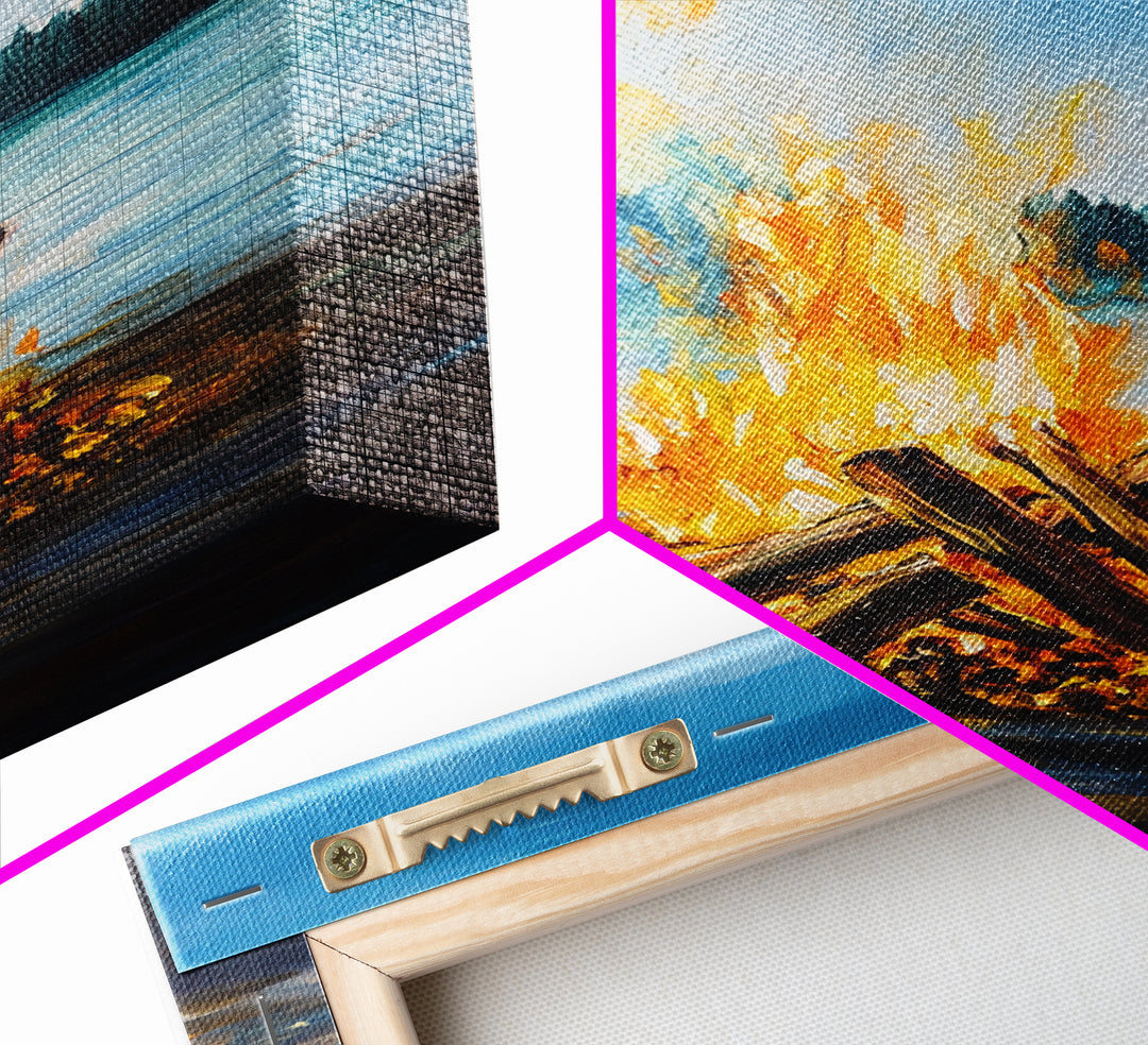 Lakeside Bonfire, Camping Art, Outdoor Wall Art, Cozy Campfire Painting, Nature Art, Rustic Decor, Above Couch Art, Canvas Print