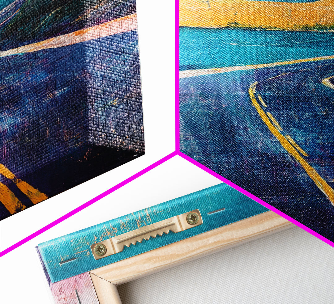 Coastal Highway, surf wall art, coastal decor, scenic road painting, living room art, minimalist art, Framed Canvas Print, gift idea