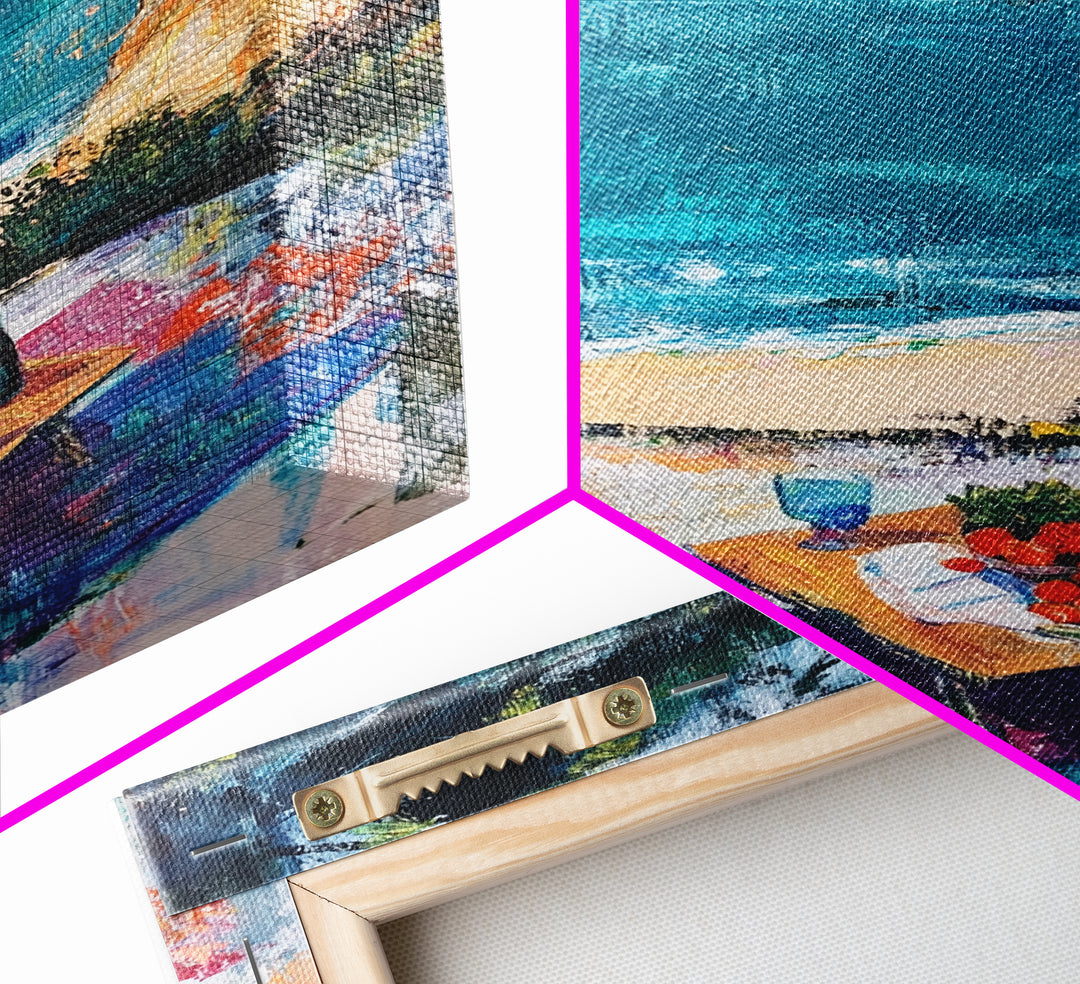 Beach Picnic, coastal cowgirl wall art, nautical decor, food review kitchen art, ocean view, tropical art, Framed Canvas Print, gift idea