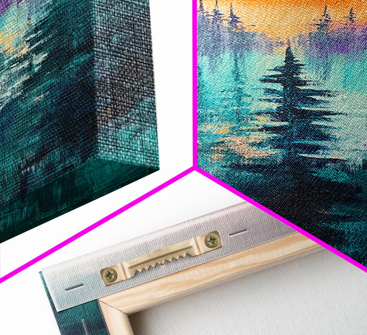 pine tree art, landscape painting, framed canvas print, mountain painting, forest at dusk painting, rustic wall art, gift idea