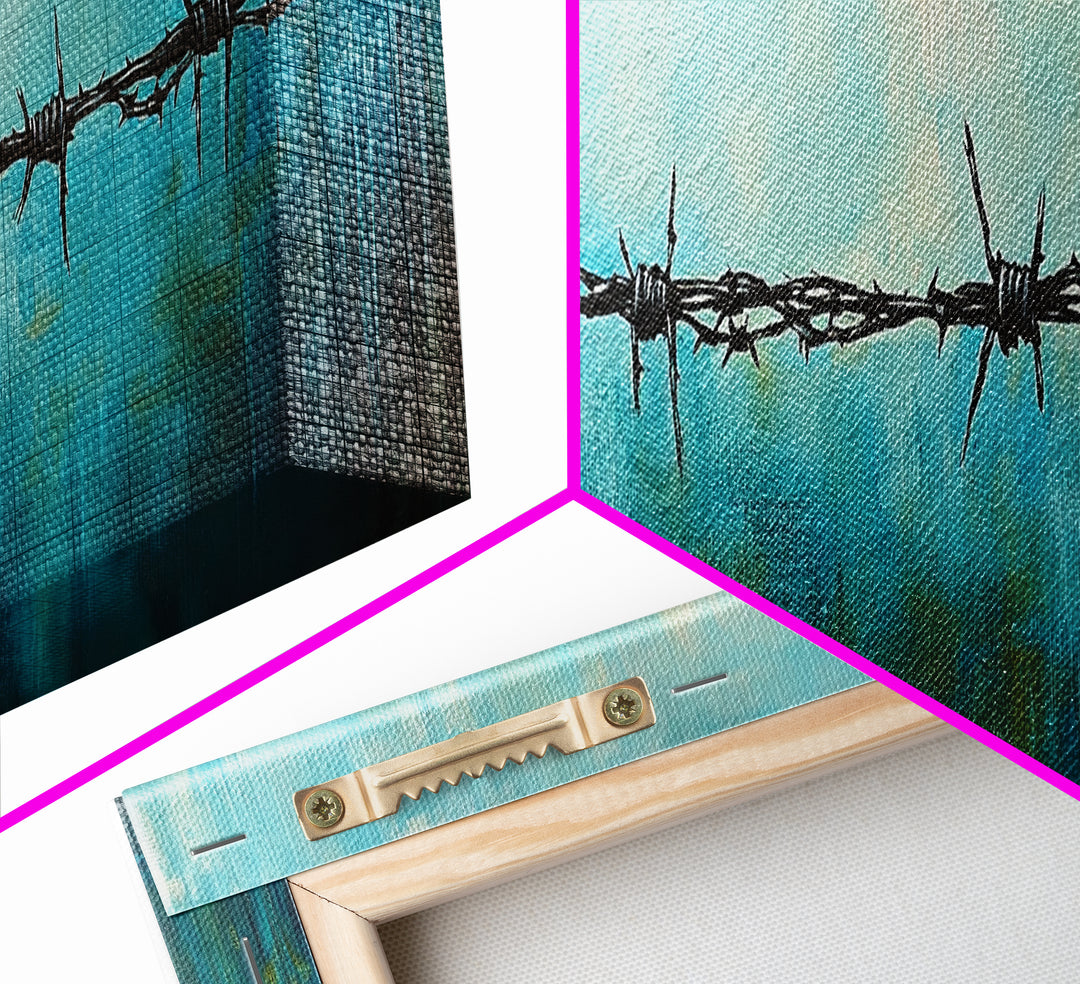Barbed Wire Minimalist Painting, Blue and Black Modern Wall Art, Industrial Urban Aesthetic, Bold Statement Office, Canvas Print