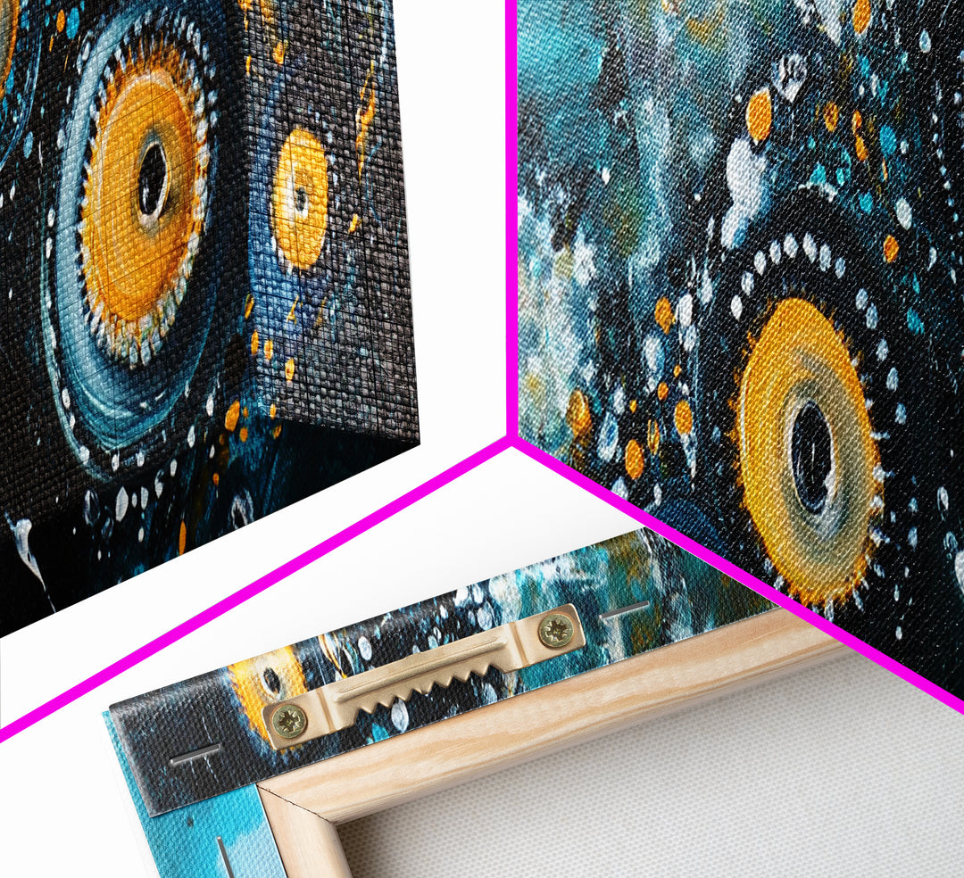 Abstract Cosmic Eye Painting, Modern Celestial Art, Blue and Gold Surreal Wall Decor, Unique Living Room, Framed Canvas Print