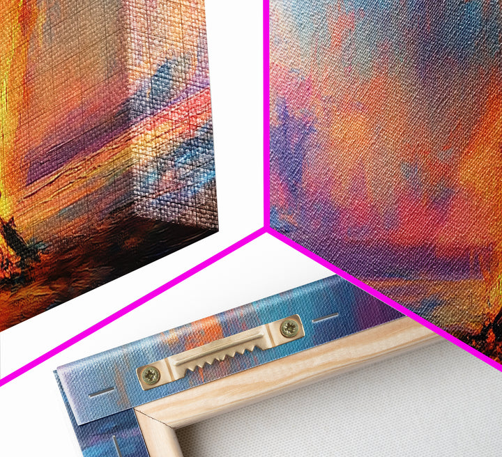 Beach Bonfire Sunset Painting, Vibrant Coastal Seascape Art, Ocean Night Sky Wall Decor, Warm Living Room, Framed Canvas Print