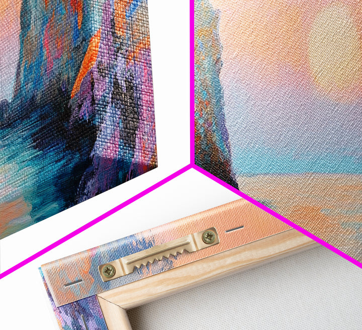 Romantic Sunset Bay Framed Canvas Print Coastal Landscape Wall Art Pastel Tones Boho Home Decor Bedroom Living Room Gift