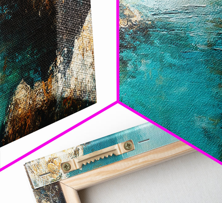 Rocky Cove Ocean Art Framed Canvas Print Textured Seascape Wall Decor Coastal Home Accent Nautical Painting Bedroom or Living Room Gift