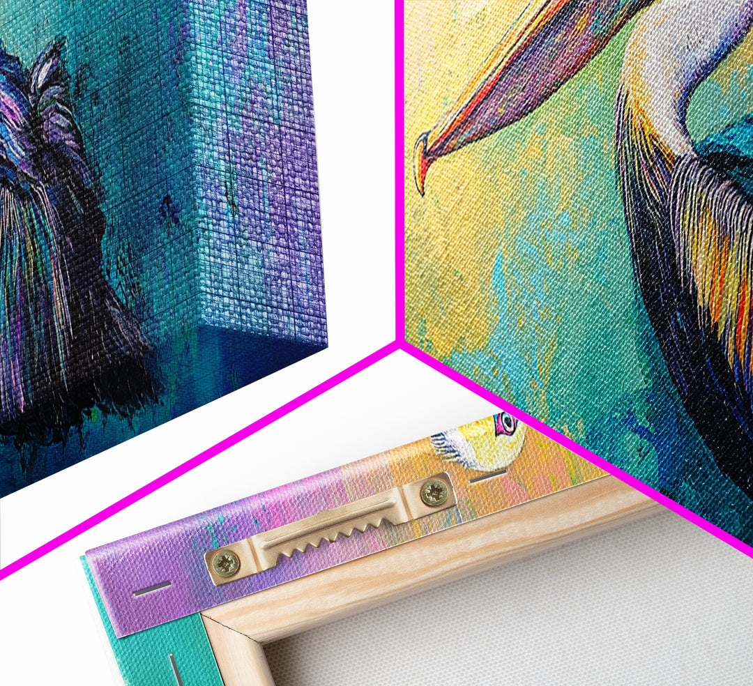 Pelican Abstract Framed Canvas Print Coastal Bird Wall Art, Vibrant Nautical Painting, Beach House Decor, Modern Wildlife Artwork