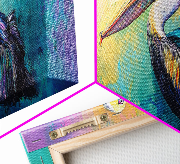 Pelican Abstract Framed Canvas Print Coastal Bird Wall Art, Vibrant Nautical Painting, Beach House Decor, Modern Wildlife Artwork