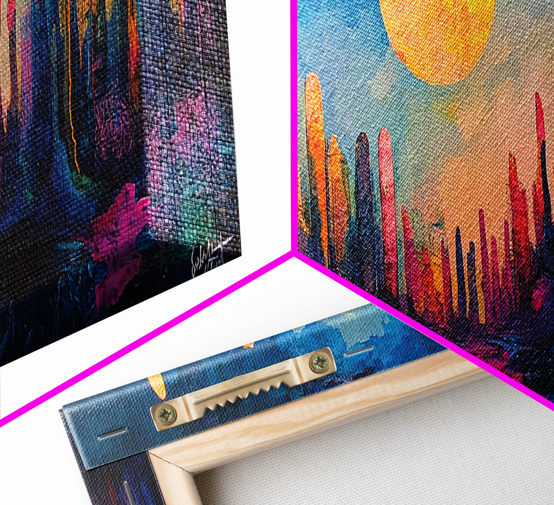Neon Moon Fantasy Canvas Print - Vibrant Sci-Fi Cityscape Painting, Psychedelic Wall Art, Trippy Room Aesthetic, Urban Decor