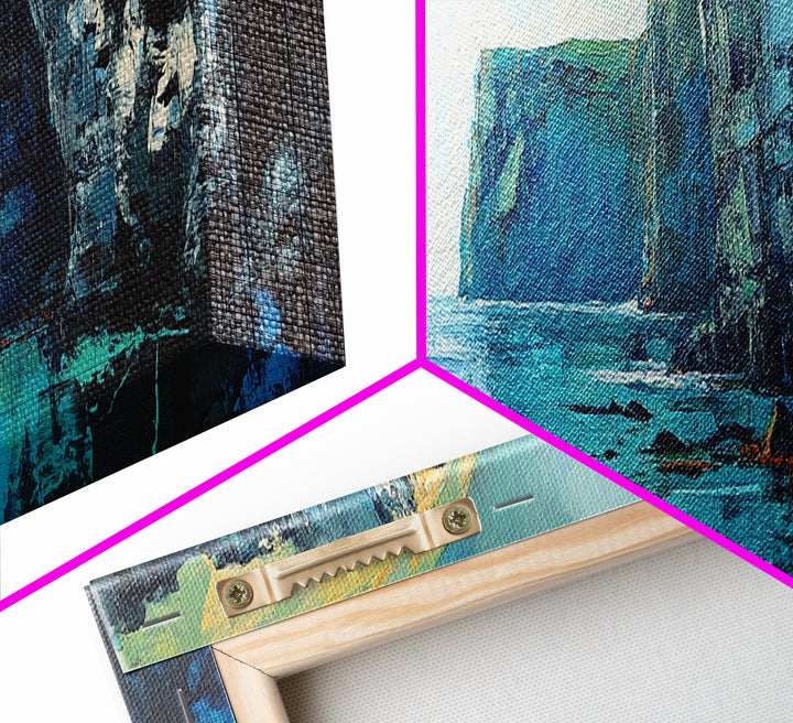 Coastal Cliffs Canvas Print Seascape Wall Art Ocean Waves Painting Nautical Decor Blue Tones Abstract Beach House Living Room Art