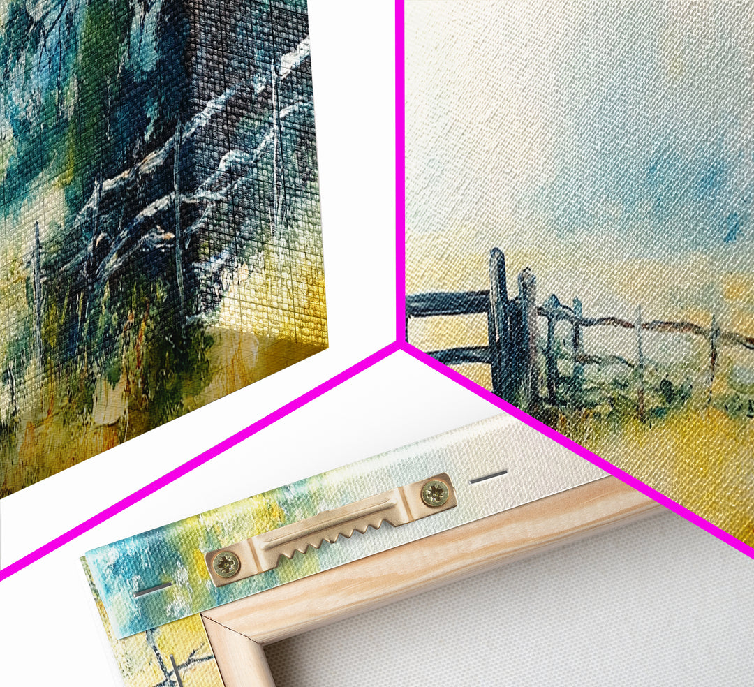 Country Gate Painting Rustic Farmhouse Landscape Art Tranquil Field Wall Decor Cozy Pastoral Artwork Entryway