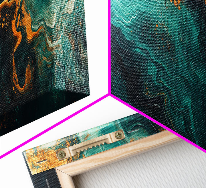 Abstract Fluid Painting Turquoise and Gold Swirl Wall Art Marble Aesthetic Artwork Luxury Modern Decor Dining Room