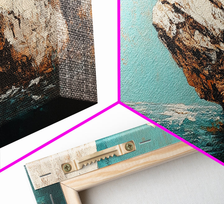 Coastal Rock Formation Framed Canvas Print, Ocean Cliff Painting, Nautical Wall Art, Beach House Decor, Textured Landscape Artwork