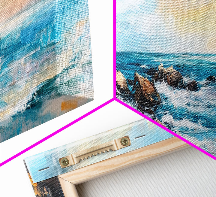 Rocky Ocean Shoreline Framed Canvas Print, Textured Seascape Painting, Beach House Wall Art, Coastal Living Room Decor, Wave Artwork