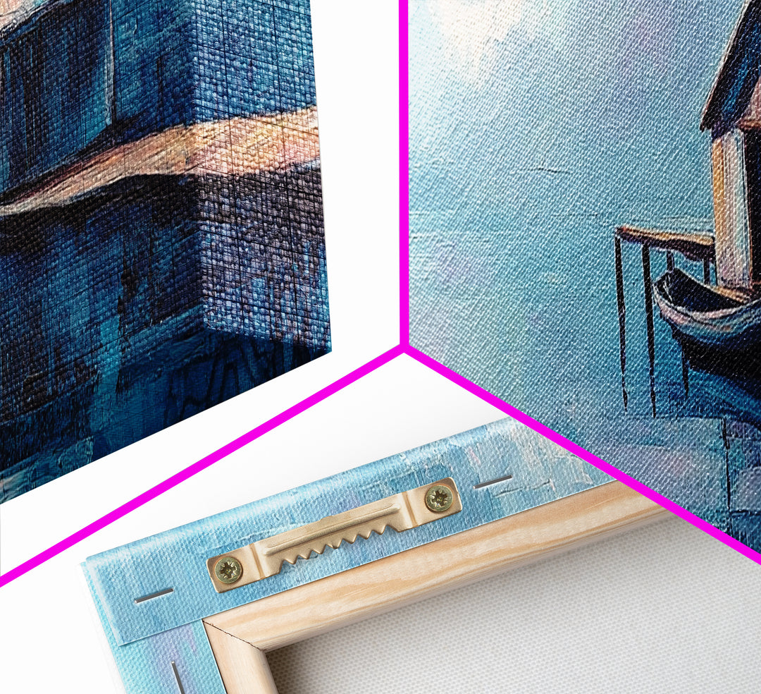 Blue Boathouse Canvas Print Tranquil Lake Scene Wall Art Nautical Cabin Decor Coastal Painting Minimalist Blue Wall Art Living Room