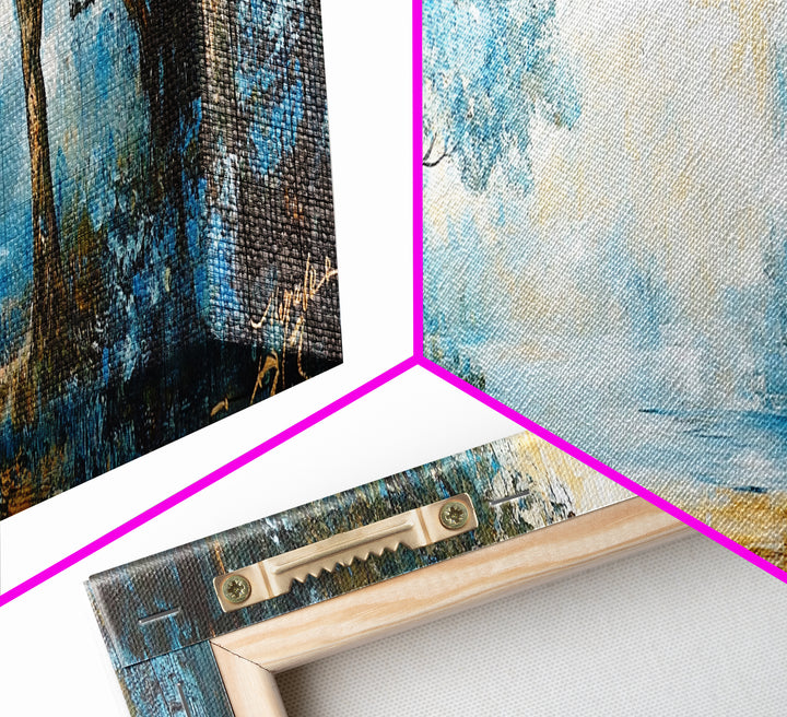 Blue Forest Path Framed Canvas Print Landscape Painting, Nature Inspired Wall Art, Rustic Home Decor, Modern Artwork